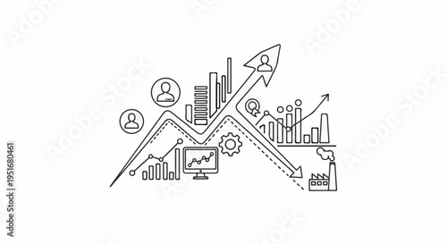 Business growth charted with ups, downs, people, and industrial elements