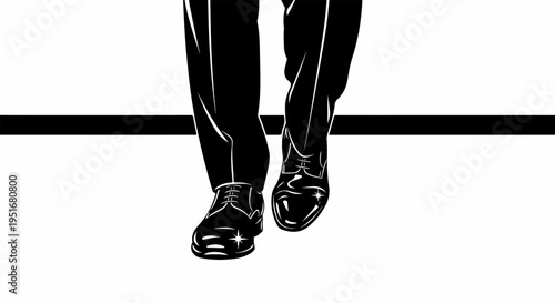 Clean black and white drawing of a person's legs and polished shoes