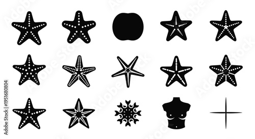 Starfish icons set in black and white silhouette style showing various marine life shapes and patterns