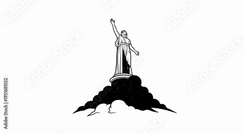 Ancient statue reaching up from dark clouds against a white background