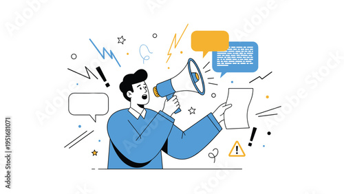 Man in a blue sweater speaking loudly into a megaphone surrounded by various communication and attention icons.