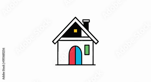 Stylized, simple house illustration with a black roof and chimney, white walls, and colorful doors