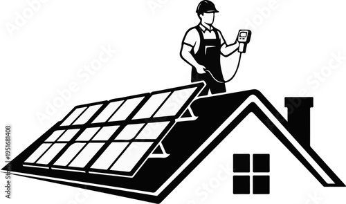 Technician checks solar panels on a house roof with a small device