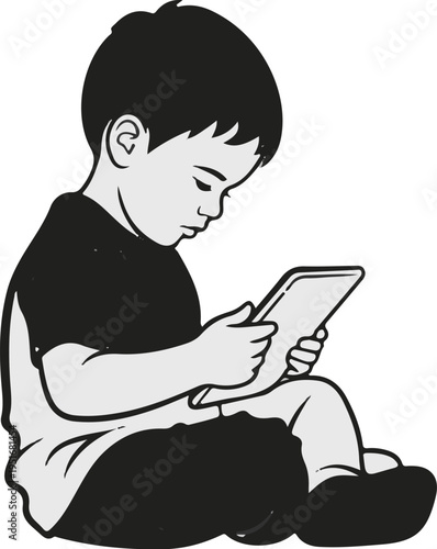 Young child engrossed in a digital tablet, sitting cross-legged