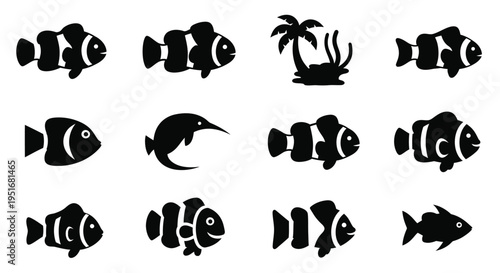 Clownfish and tropical fish icons with palm tree in silhouette
