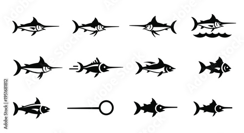 Collection of swordfish and marlin fish silhouette icons various vector illustrations
