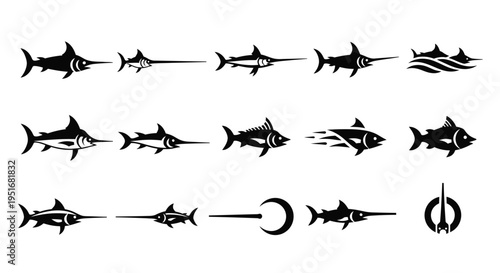 Set of swordfish and marlin fish silhouette icons a collection of vector illustrations