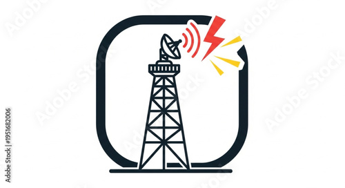 Communication tower with satellite dish and signal waves.