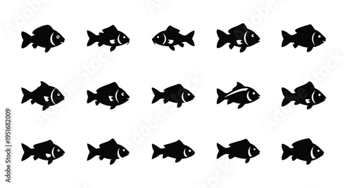 Carp fish silhouette collection with different aquatic animal shapes for fishing and food industry