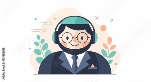 Friendly cartoon man with headphones and spectacles in a suit
