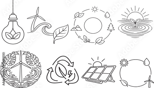 Sustainability and renewable energy line art concepts with solar and wind power