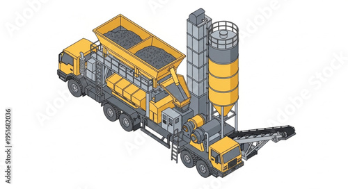 Isometric Illustration of a Mobile Concrete Batching Plant.