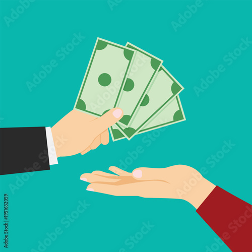 Dynamic illustration of a financial transaction, featuring hands exchanging paper currency, representing payment, loan, or investment