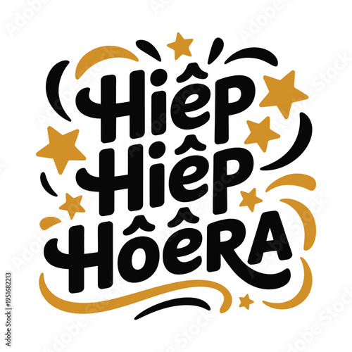 A colorful graphic design with the words Hiep Hiep Hoera