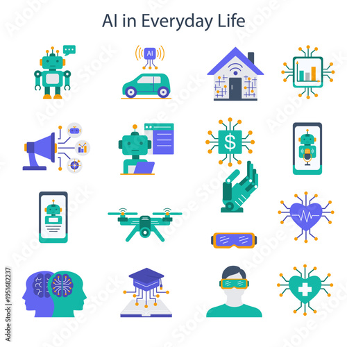 AI in Everyday Life flat color Icons Set. Clean geometric design suitable for web, apps, infographics, and tech presentations.		  