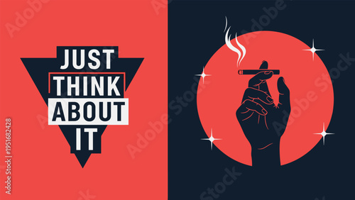 Hand holding lit cigarette against large red moon with text just think about it for anti smoking message.