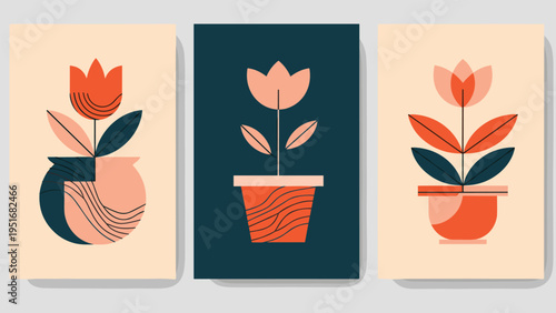 Collection of three abstract posters featuring geometric flowers in pots using a mid-century modern color palette.