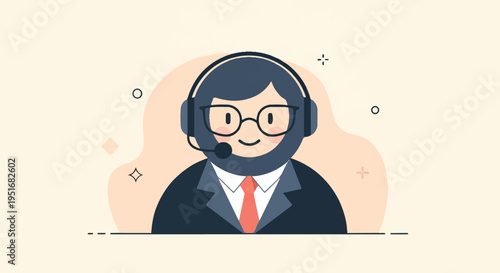 Friendly cartoon person wearing headset and glasses, business attire