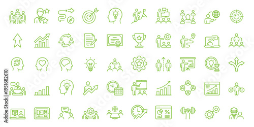 50 Meeting outline icons for teamwork collaboration, webinar videocall, agenda planning, networking, handshake, chat communication, coaching line set vector. Set of advice, consultant, suggestion icon