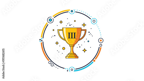 Golden trophy cup with roman numeral three in decorative circle representing third place victory.