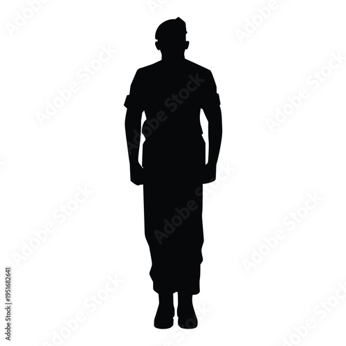Silhouette of a military person standing at attention, facing forward, in uniform