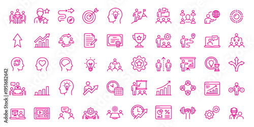 50 Meeting outline icons for teamwork collaboration, webinar videocall, agenda planning, networking, handshake, chat communication, coaching line set vector. Set of advice, consultant, suggestion icon