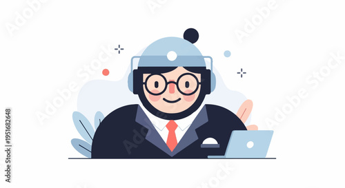 Friendly cartoon person with headphones and glasses works on a laptop