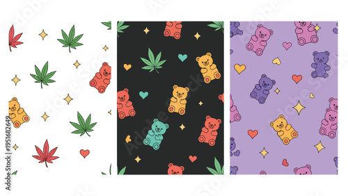 Set of three seamless patterns featuring colorful gummy bears, cannabis leaves, and small hearts for varied graphic design uses.