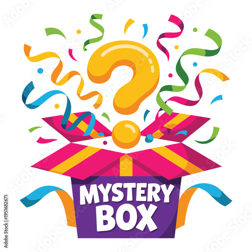 A colorful mystery box with confetti and a question mark