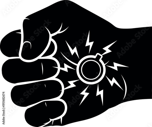 A clenched fist with an energy core emitting lightning bolts symbolizing power and strength