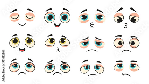 Set of various cartoon emoji faces with different tired sleepy bored and sad expressions for emotional communication.