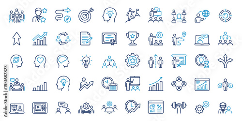 Business Growth and Coaching Line Icons Set of 50 KPI Dashboard, Leadership, Strategy and Productivity Outline Symbols. Performance Tracking and Growth Strategy Outline Pack. Personal development icon