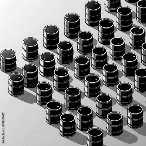 Isometric Array of Black Oil Barrels - Industrial Resource and Energy Concept.