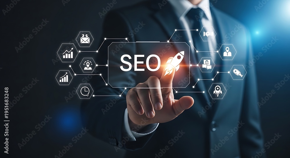 Naklejka premium Businessman in suit touching glowing seo digital interface with rocket icon and network nodes for search engine optimization marketing growth