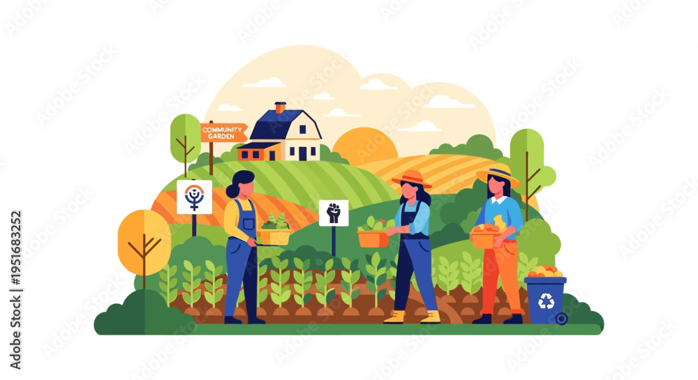 Obraz premium Women Farmers Working in Community Garden: Sustainable Urban Agriculture, Collaboration, and Female Empowerment Vector Illustration
