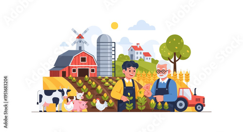 Generational Farmers Teaching Sustainable Agriculture. Farm Life, Corn Field, Livestock, and Rural Landscape Illustration.