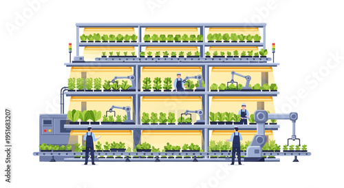 Vertical Farming Automated System. Hydroponic Greenhouse with Robotic Arms, Conveyor Belt, and Agronomists. Modern Smart Agriculture Technology Vector Illustration.