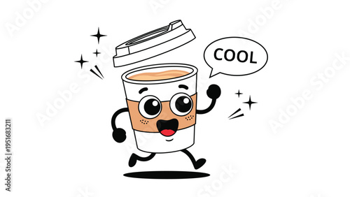 Funny cartoon coffee cup character running and saying cool in speech bubble with sparkling stars.