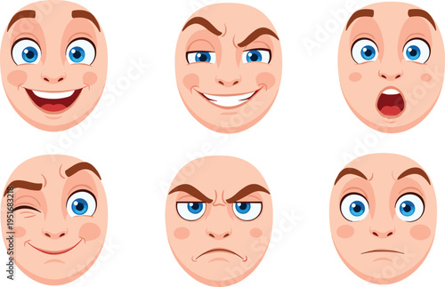 Cartoon facial expressions set vector illustration emotions collection happy sly surprised angry wink serious character avatar design bundle isolated clipart pack