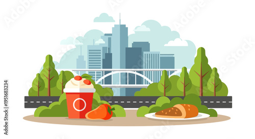 Flat Vector Illustration of Urban Park Picnic with City Skyline Background, Takeaway Coffee Cup, Bread, and Green Trees