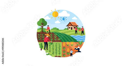 Agriculture and Farming Ecosystem Illustration. Farmers Working, Planting, and Harvesting Crops. Sustainable Rural Life Concept.