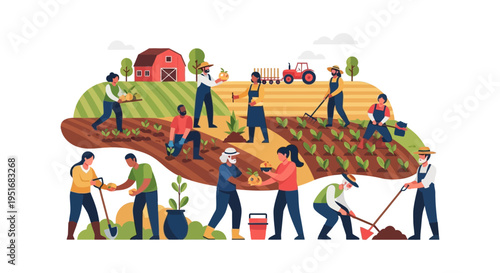 Vector Illustration of Farm Workers Cultivating Crops and Harvesting Produce on a Field with Barn and Tractor.