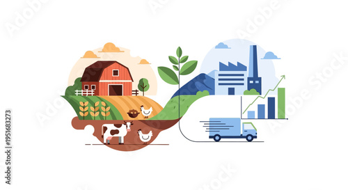 Agribusiness Supply Chain and Value Chain from Farm to Market. Logistics, Industry Connection, Distribution, and Economic Growth Illustration.