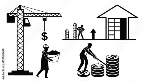 Vector silhouette illustration of construction workers working on a building roof with crane and people figures