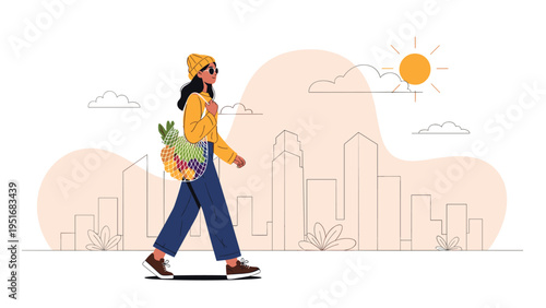 Trendy woman walks through a minimalist city landscape carrying a reusable mesh bag filled with fresh healthy fruits and vegetables.