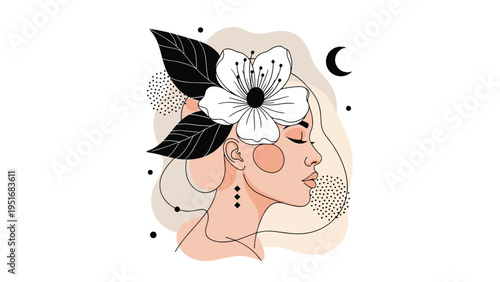 Artistic line drawing of beautiful woman profile with white flower and black leaves in hair against abstract geometric shapes.