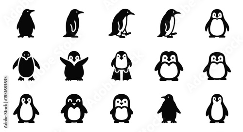 Penguin silhouette collection featuring diverse bird poses and character designs for winter and arctic branding projects