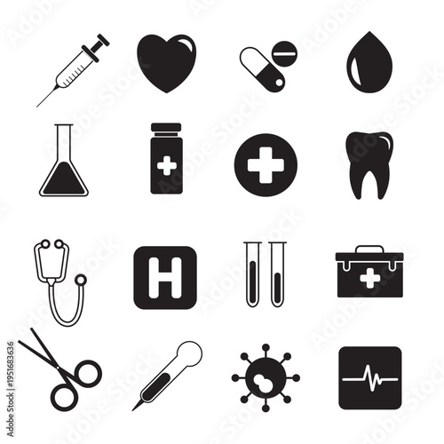 Medical icon set featuring 16 black flat vector illustrations of healthcare symbols, hospital equipment, and laboratory tools for professional design.