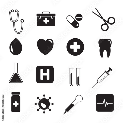 Medical icon set featuring 16 black flat vector illustrations of healthcare symbols, hospital equipment, and laboratory tools for professional design.