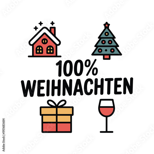 A festive illustration of Christmas icons with a wine glass